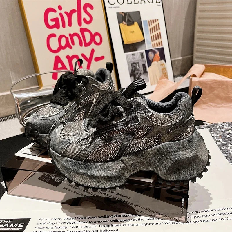 Women's Sneaker Crystal Platform High Heels Sport Shoes 2025 Autumn Luxury New Lace Up Running Hiking Shoes Casual Mujer Zapatos sneakers_platform