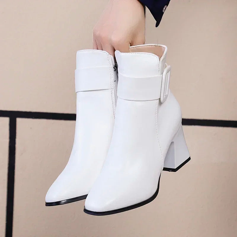 White Black Thick High Heel Ankle Boots Women 2024 Pointed Toe Keep Warm Elegant Short Booties Ladies Ankle Buckle Decoration boots_highheel