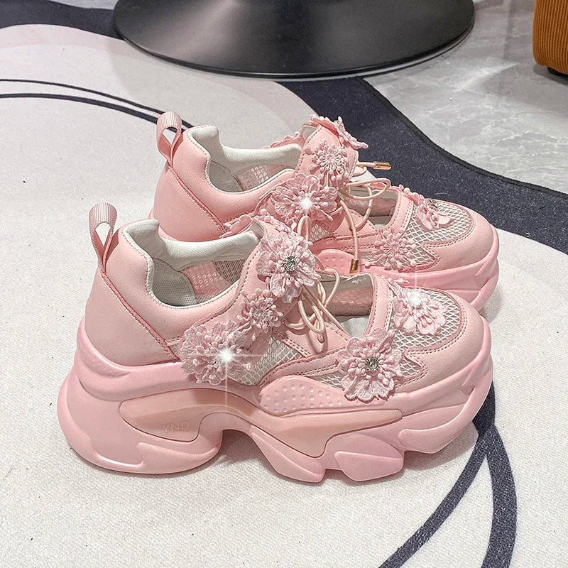 7.5CM Heels Women Thick Bottom Wedge Sneakers Embroider Hollow Out Gladiator Breathable Summer Shoes Woman Bling Chunky Sandals sneakers_platform