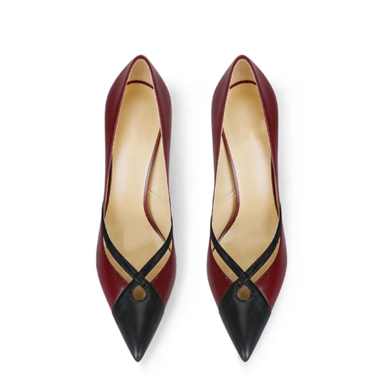 White Matte Leather High Heels Patchwork Pointed Toe Shallow Stilettos Pumps Slip-on Banquet Shoes heels_stiletto