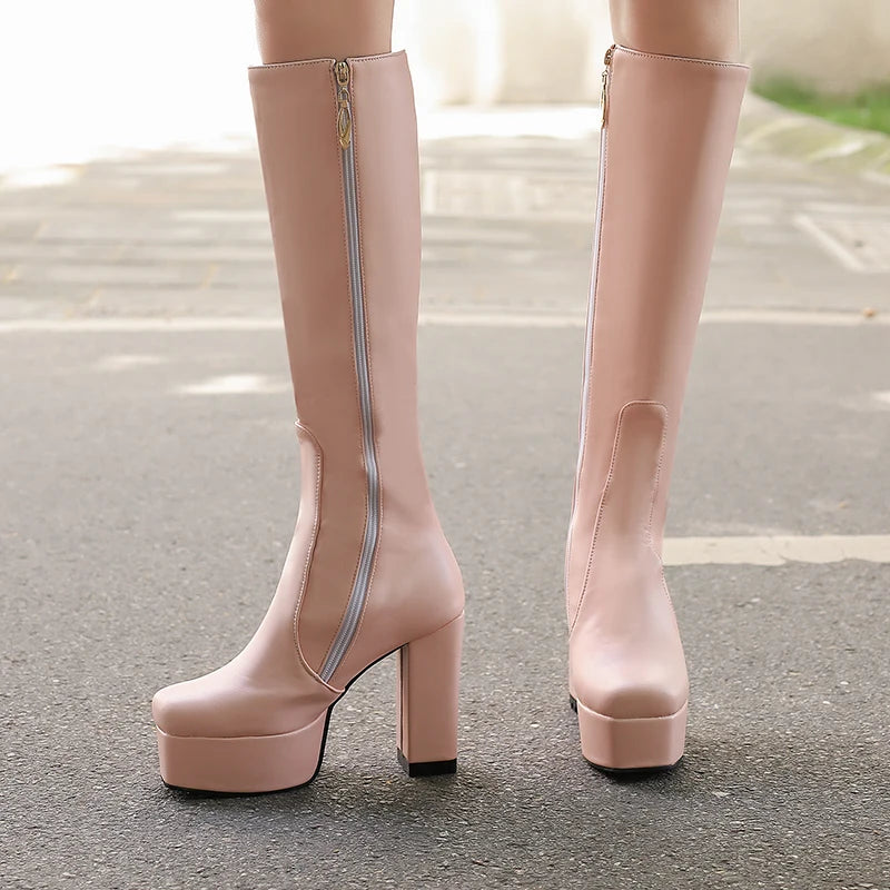 High Waterproof Platform Square Toe Solid Color Side Zipper Women's Knee High Boots Super High Thick Heel Office Boots boots_platform