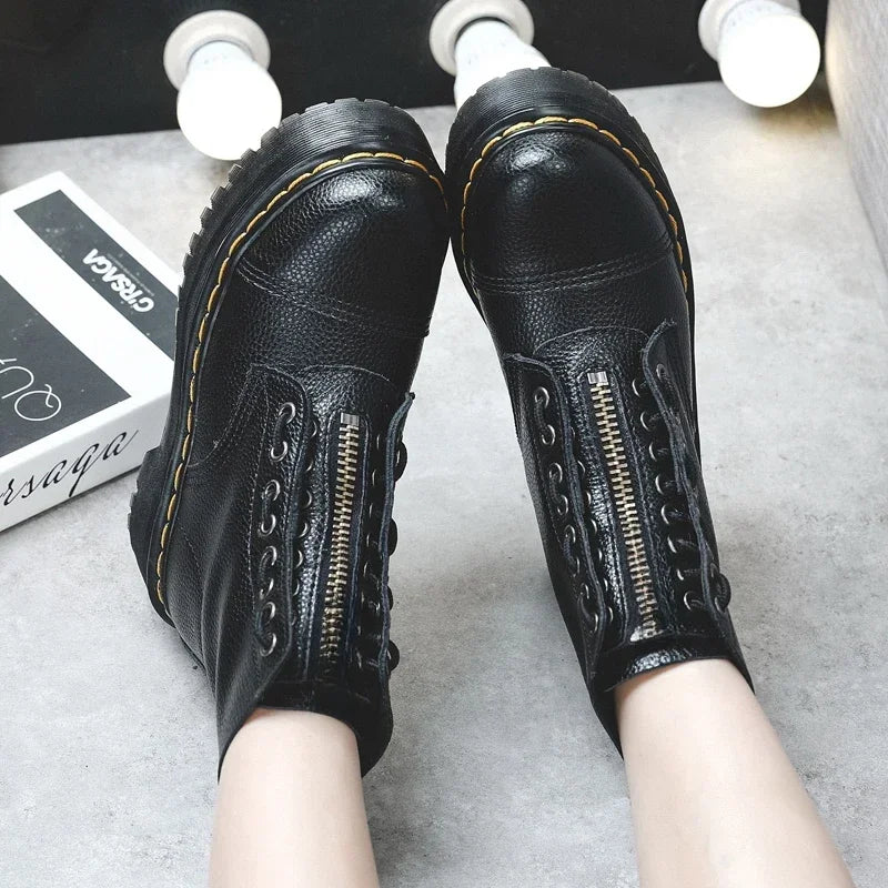 Women Boots Genuine Leather Platform Boots Motorcycle Shoes Front Zipper Optical Soles Fashion Sexy Punk Men Winter Boots 35-44 boots_platform