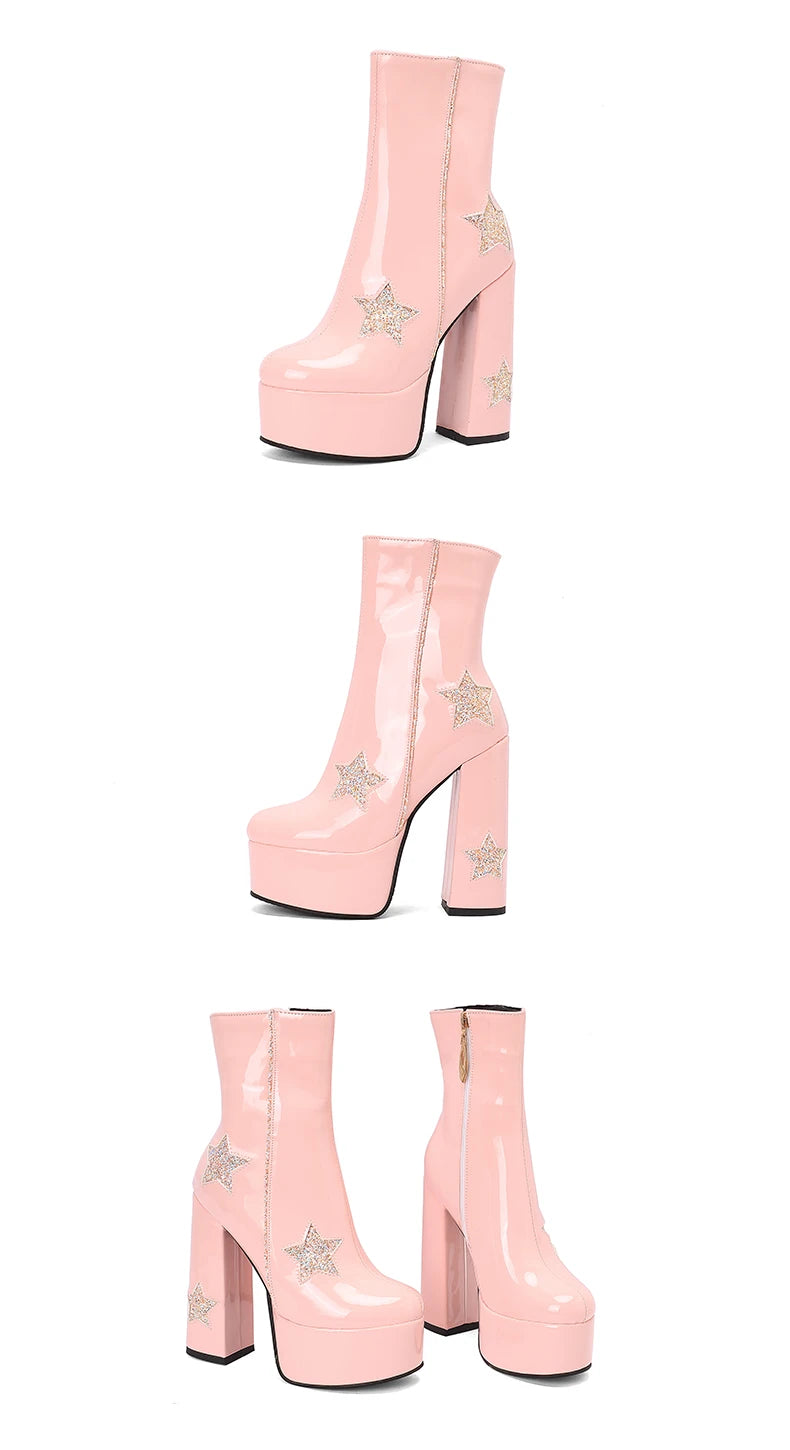 Plus Size Shiny Patent Leather Inlaid With Five-Star Sequin Cloth Super High Platform Women's Short Boots Side Zipper Sweet Boot boots_platform