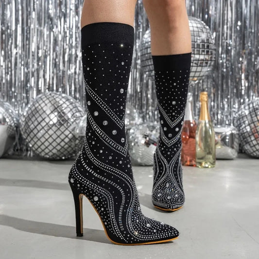 Autumn Winter Mid Length Elastic Boots Women, High Heels, Slim Heels, Pointed Toe Temperament, Rhinestone Sexy Women's Boots boots_highheel