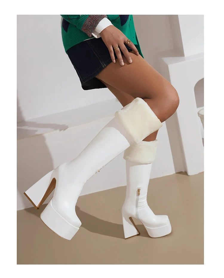 Plus Size Super High Profiled Tapered Heel Faux Fur Turned-Over Edge Warm Winter Snow Boots High Platform Square Toe Knee Boots boots_platform