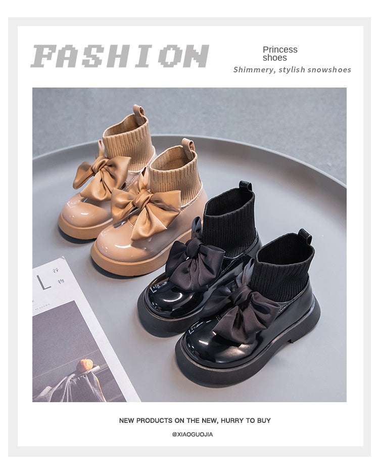 Girls Black Non-slip Kids Fashion Bow Elegant 2026 Glossy UK Uniform Child School Shoes Simple Casual 2026 Sock Boots Breathable kids_shoes