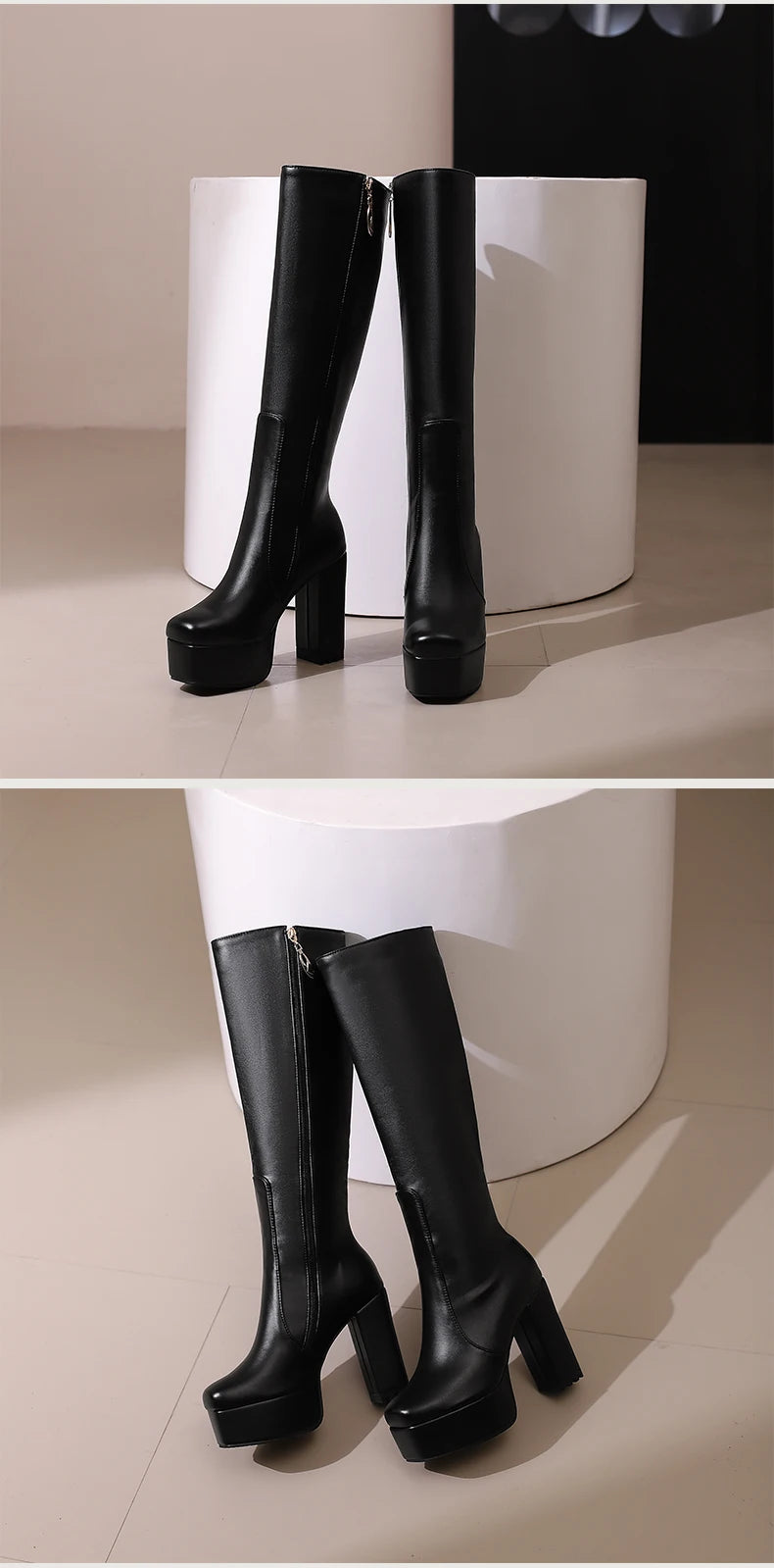 High Waterproof Platform Square Toe Solid Color Side Zipper Women's Knee High Boots Super High Thick Heel Office Boots boots_platform