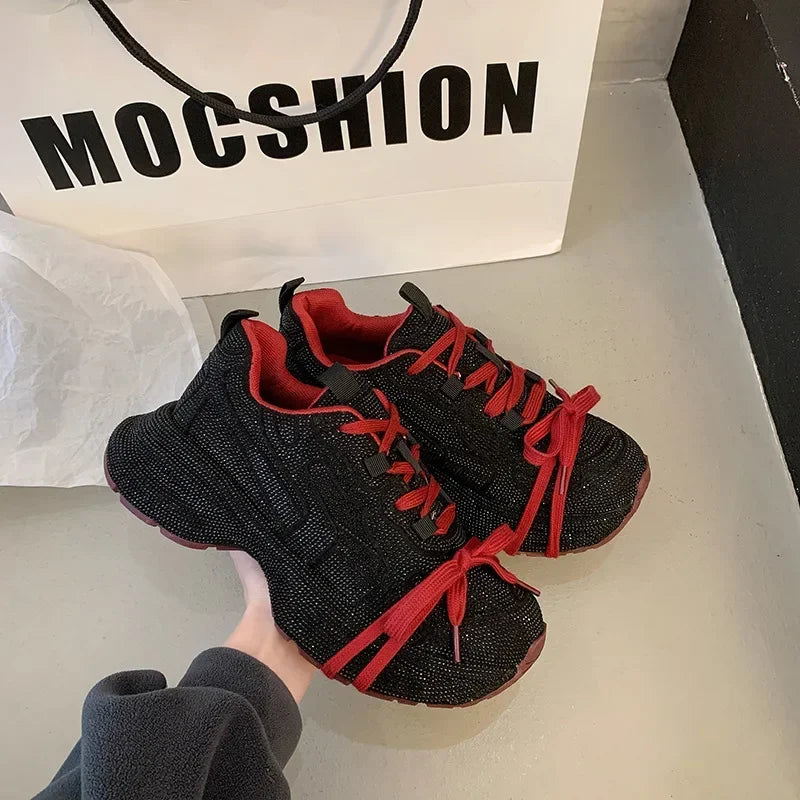 2025 Women's Dad Shoes Sparkling Rhinestone Thick Bottom Casual Sports Flashing Autumn Rubber Sole Non-Over Ankle sneakers_platform