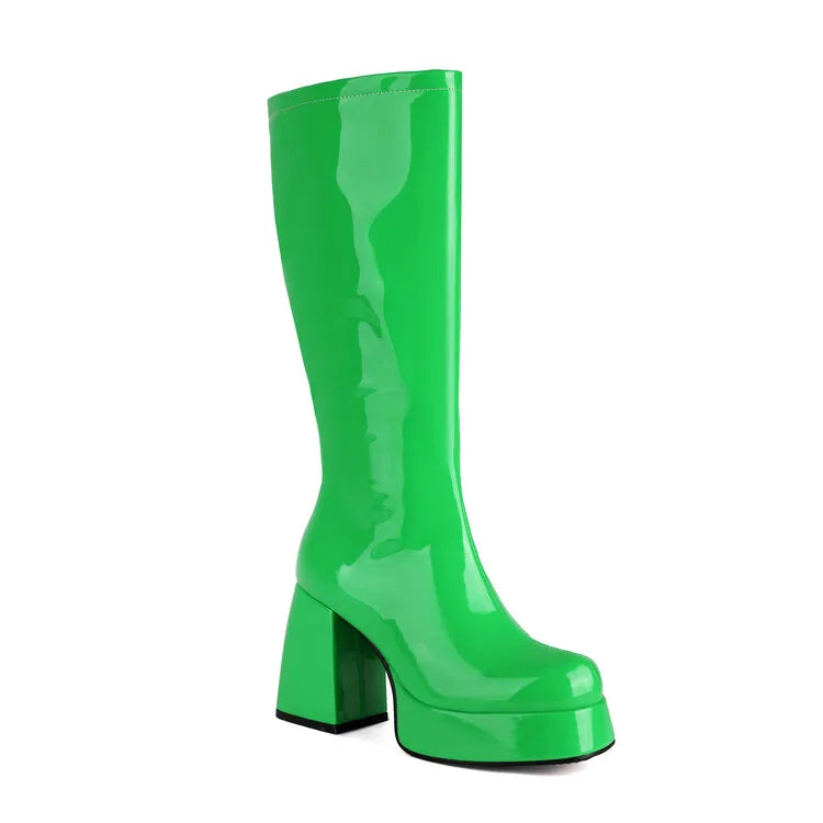 NASBAVI Glossy Patent Leather Upper Square Toe Super Thick Heel Plush Lining Women's Knee Boots Platform Side Zipper Boots 35-48 boots_platform