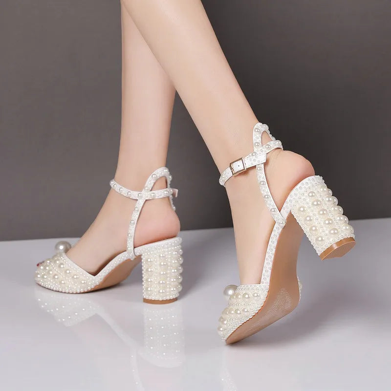 2025 New High Heels Thick Heel Shallow Mouth Women's Pearl Sandals Wedding Shoes Bridesmaid Shoes heels_bridal