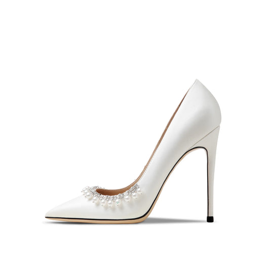 Genuine Leather Black Pearl Buckle High Heels For Women 2024 New Style Stiletto Pointed Shallow Mouth Dress Banquet Satin Pumps heels_stiletto