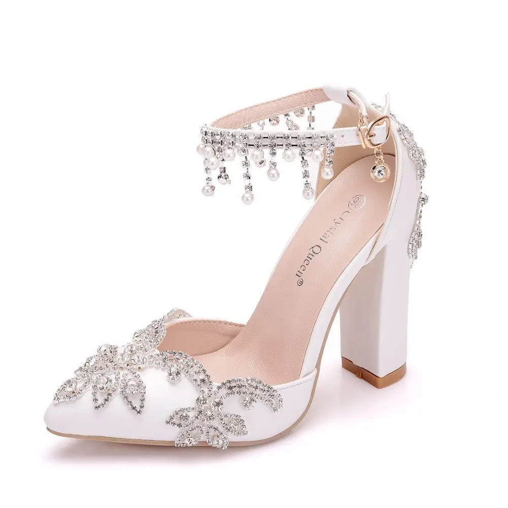 10CM White Pointed Crystal Wedding Shoes Thick Heel Ultra-high Heel Bridal Shoes One-line Buckle Strap Tassel Rhinester Women heels_stiletto