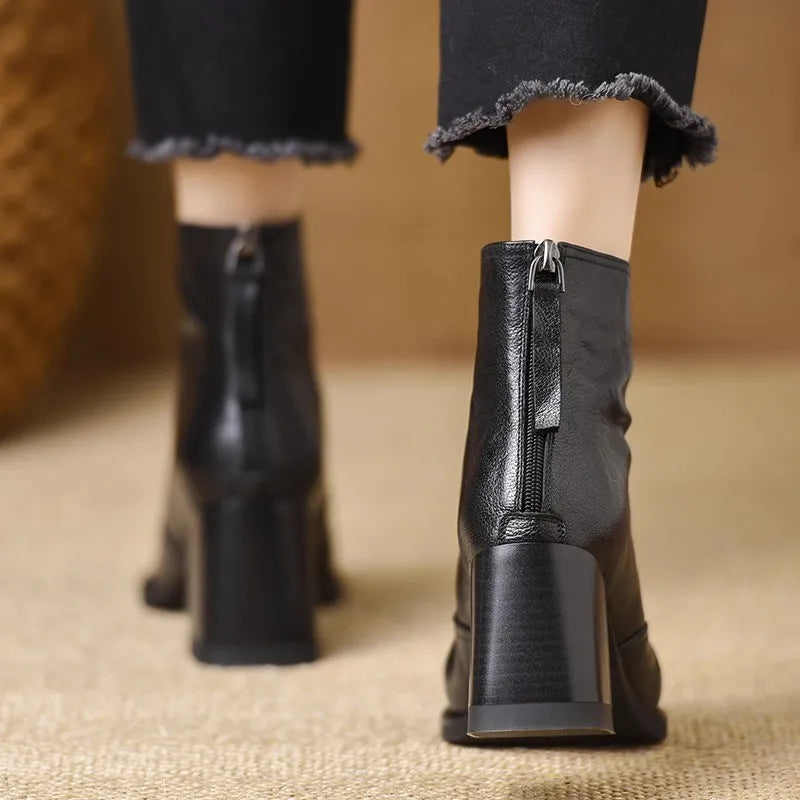Retro Back Zip High Heel Boots Women's Autumn and Winter New Square Toe 100 Non-slip Wear Block Heel Short Boots boots_highheel