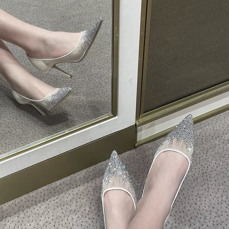 Spring and Autumn 2025 New   Mesh Pointed Shallow Mouth Sexy Stiletto Shoes heels_stiletto