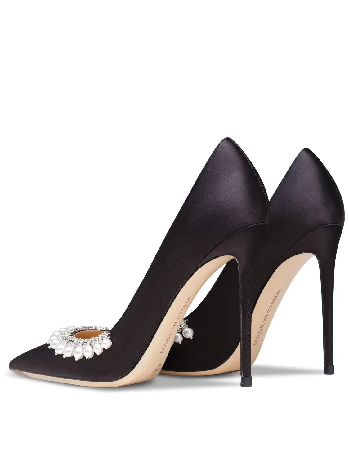 Genuine Leather Black Pearl Buckle High Heels For Women 2024 New Style Stiletto Pointed Shallow Mouth Dress Banquet Satin Pumps heels_stiletto