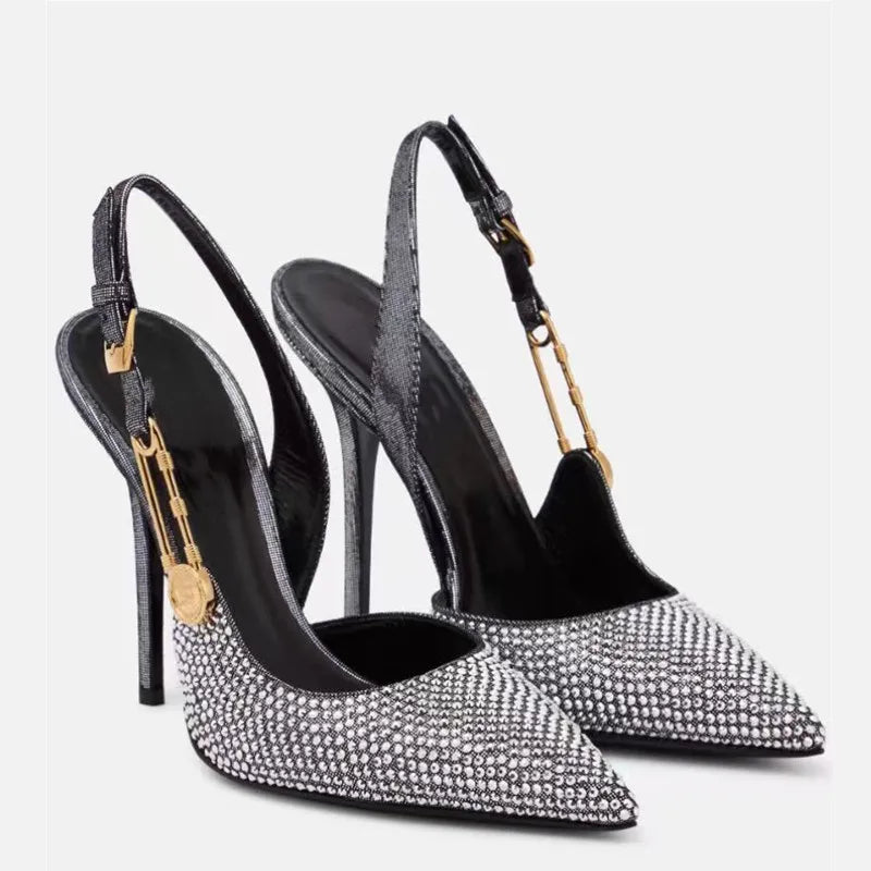 Women Shoes Luxury Rhinestones Sequined Buckle High Heels Elegant Pointed Toe Slingbacks Stiletto Shoes for Women Fashion Shoes heels_stiletto
