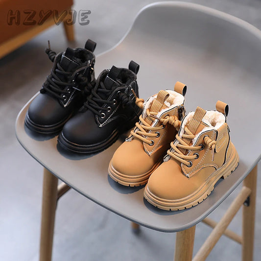 New Children's Fashion Boots Winter Thickened Boys Girls' Anti Slip Warm Leather Boots Side Zipper Solid Color Kids Casual Shoes kids_shoes
