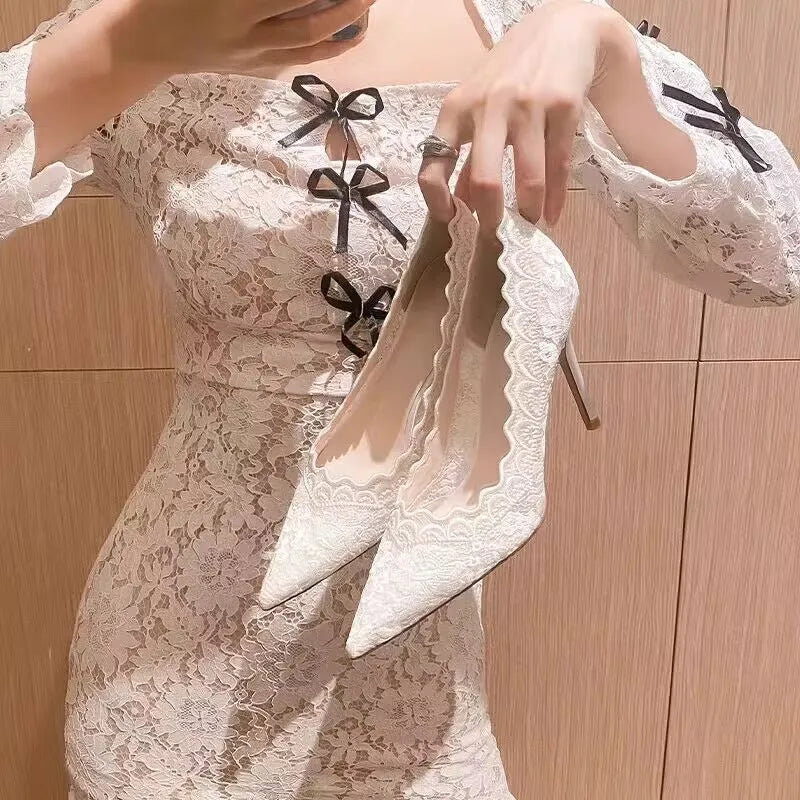 White Wedding Shoes Bridal Shoes Design Sense Niche Lace Pointed Stiletto Heel Shallow French High Heels Female Temperament heels_stiletto