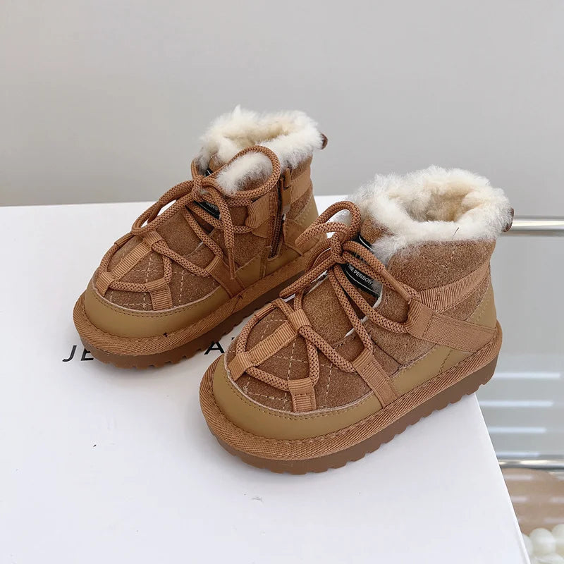2025 New Winter Children Snow Boots Genuine Leather Warm Plush Toddler Boys Shoes Non-slip Fashion Baby Girls Boots 1-6 Years
