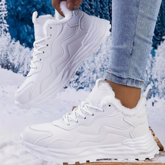 Women's Winter Casual Sports Short Boots-Pure Color Warm Keeping Cotton Cushion Lace-up Flat Shoes, Polyurethane Upper sneakers_platform