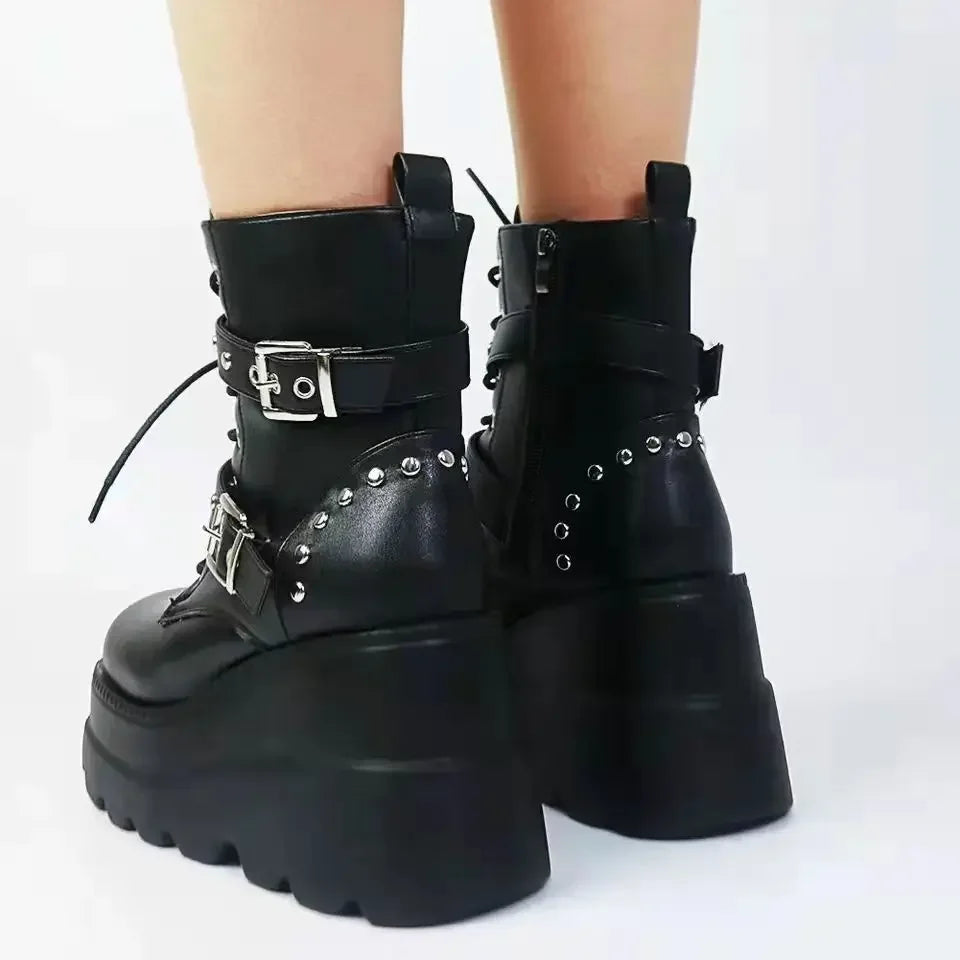 New Women's Pu Leather Ankle Boots Women Autumn Winter Round Toe Lace Up Shoes Woman Motorcycle Platform Botas Gothic Shoes boots_platform