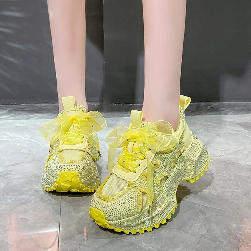 Luxury Women's Rhinestone Mesh Shoes Autumn Fashionable Versatile Inner Height Increasing Women Thick-soled Casual Sports Shoes sneakers_platform sneakers_luxury