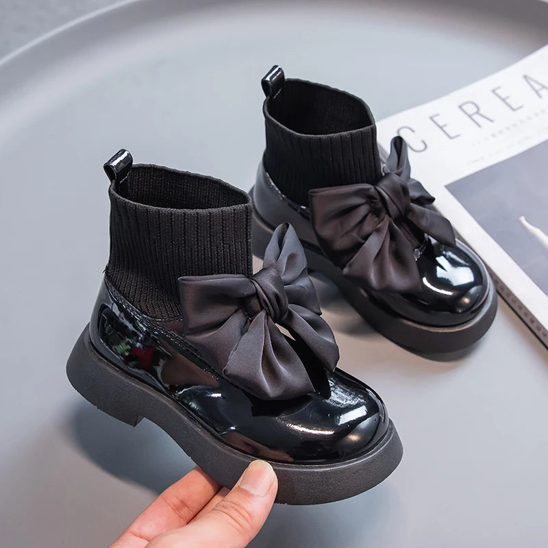 Girls Black Non-slip Kids Fashion Bow Elegant 2026 Glossy UK Uniform Child School Shoes Simple Casual 2026 Sock Boots Breathable kids_shoes