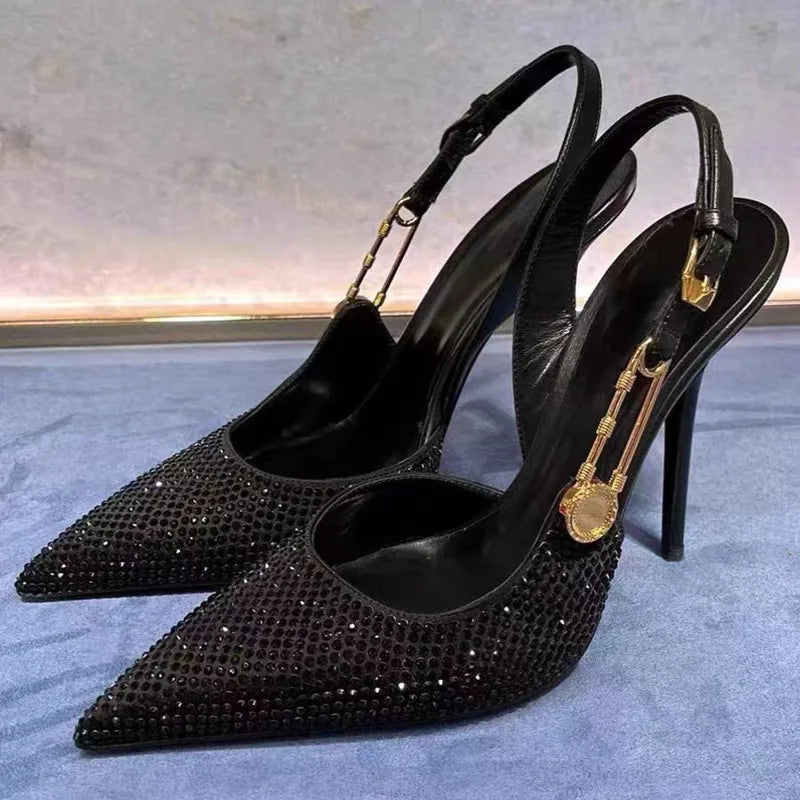 Women Shoes Luxury Rhinestones Sequined Buckle High Heels Elegant Pointed Toe Slingbacks Stiletto Shoes for Women Fashion Shoes heels_stiletto