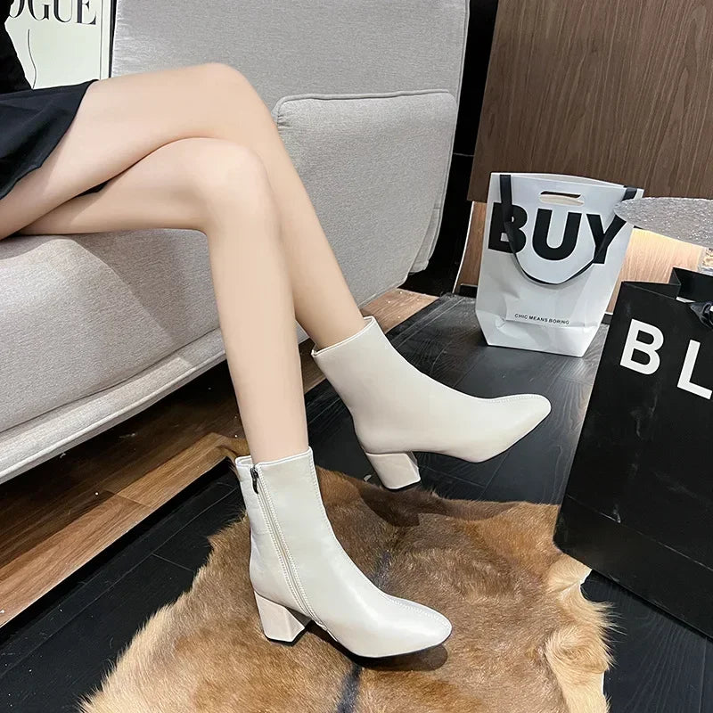 Leather Medium Heeled Short Boots for Women PU Soft Ankle Boots Side Zipper Comfortable Office Women Shoes Square Ladies Boats boots_highheel