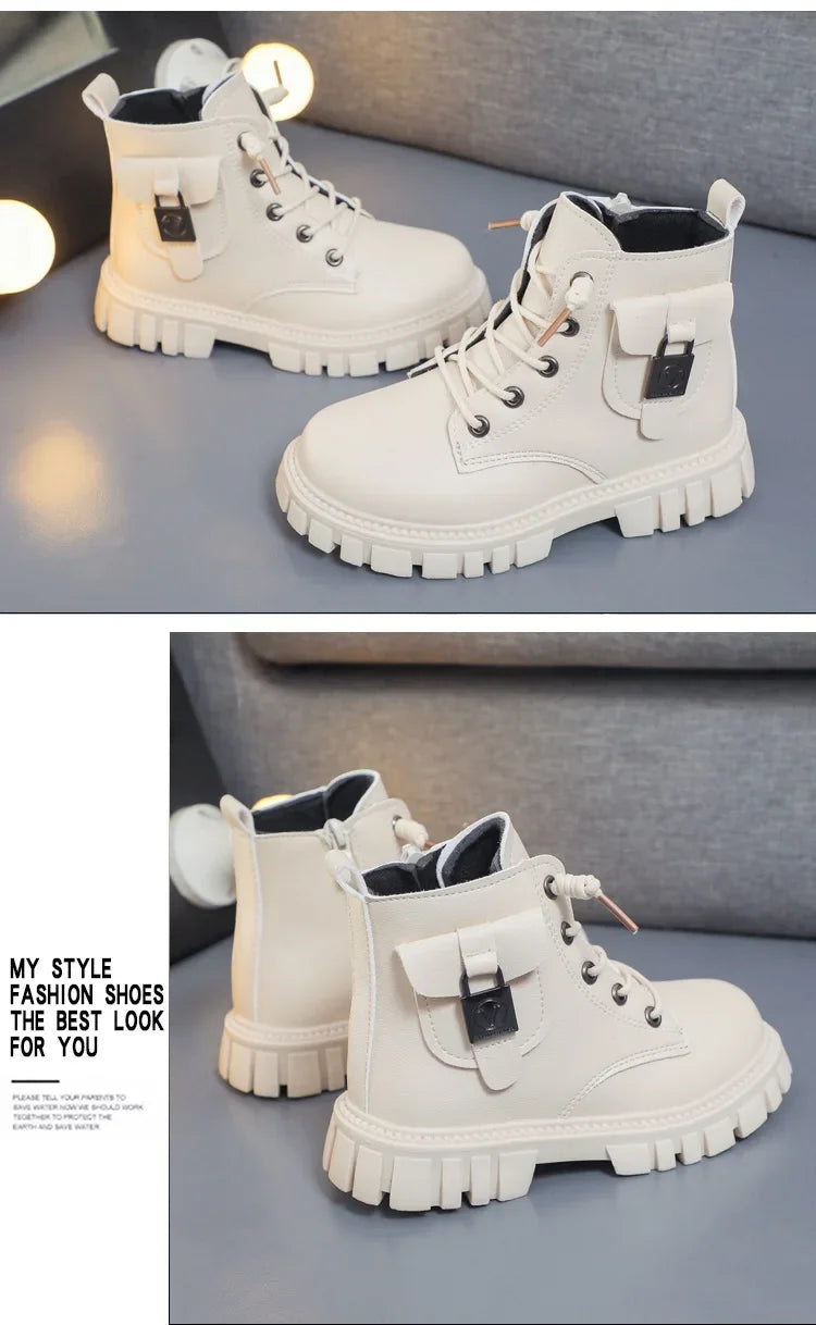Children Leather Boots Girls Fashion Autumn Winter New Casual Comfortable Short Boots Warm Kids Versatile Anti-slip Cotton Boots