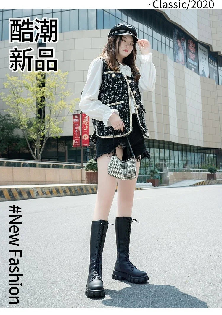 Women's Mid Calf Boots Padded Shoes Knee High Winter Sneakers Punk Style Military Casual White Black 2024 Lucury Platform Woman boots_platform