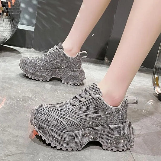 NEW Women's Rhinestone Shoes Luxury Fashionable Versatile Inner Height Increasing Women Sneakers Thick-soled Casual Sports Shoes sneakers_platform sneakers_luxury