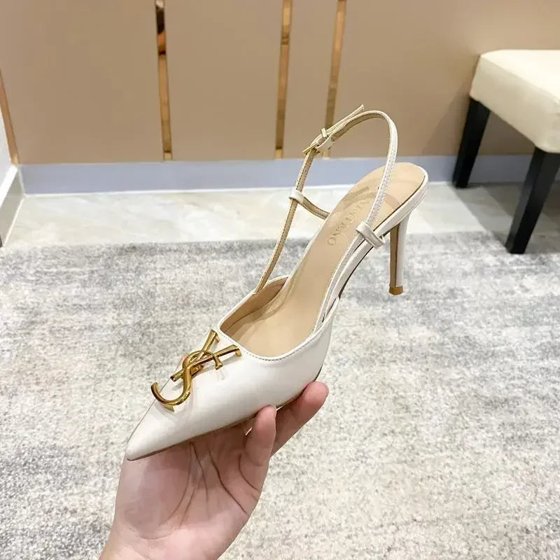 White Elegant Women's Stilettos Summer Fashion Sandals with Metal Buckle Baotou Pointed Back Design 2025 New Ladies' Shoes heels_stiletto