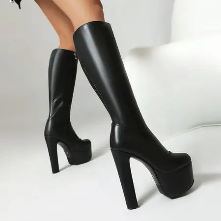Black Red White Women Knee High Boots Platform Thick High Heel Ladies Calf Boots PU Leather Square Toe Side Zipper Dress Shoes boots_platform