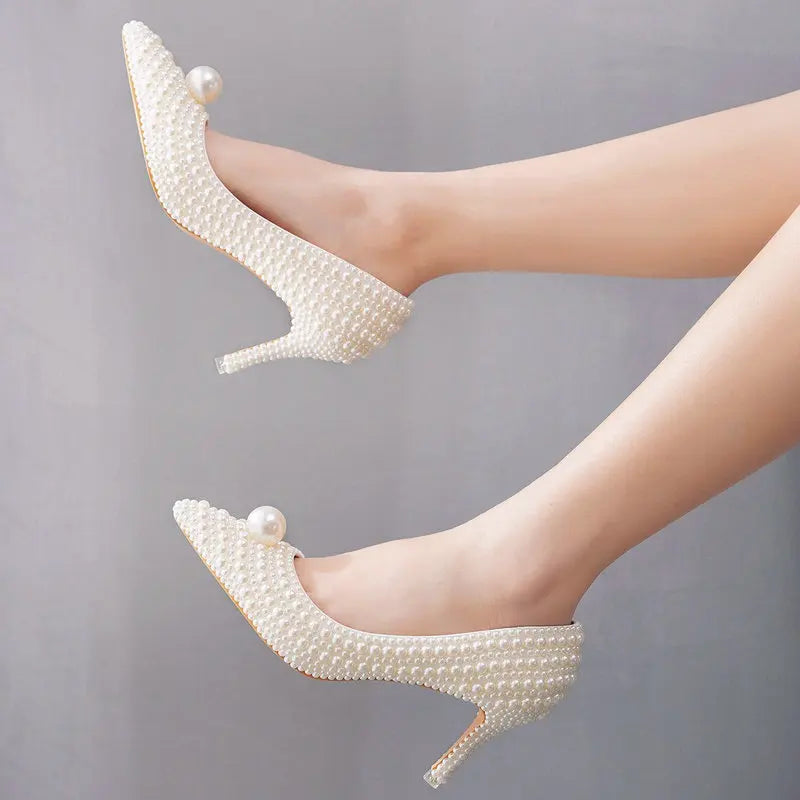 11cm Pearl Wedding Shoes Thin Heel Pointed Single Shoe Large Size Women's Shoes Bride Shoes Dinner Women's Pumps heels_bridal