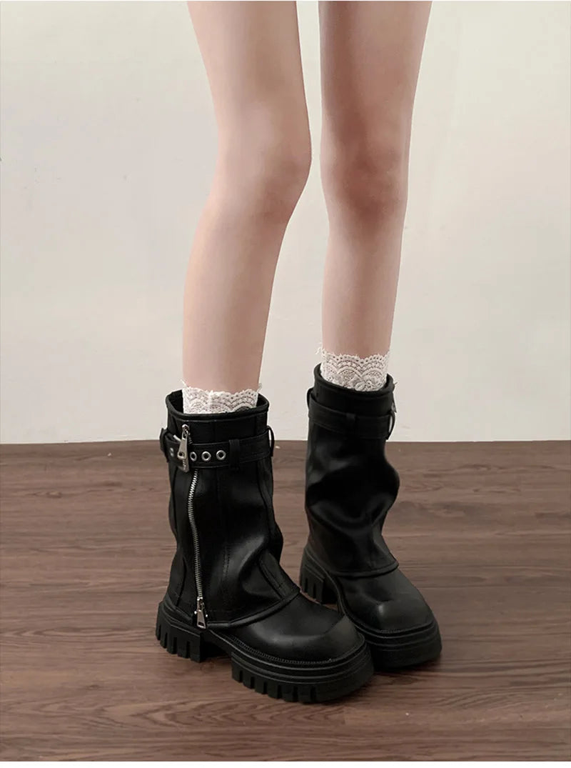Winter Women Biker Boots Fashion Belt Buckle Ladies Elegant Platform Flats Short Booties Casual Women's Knight Booties boots_platform