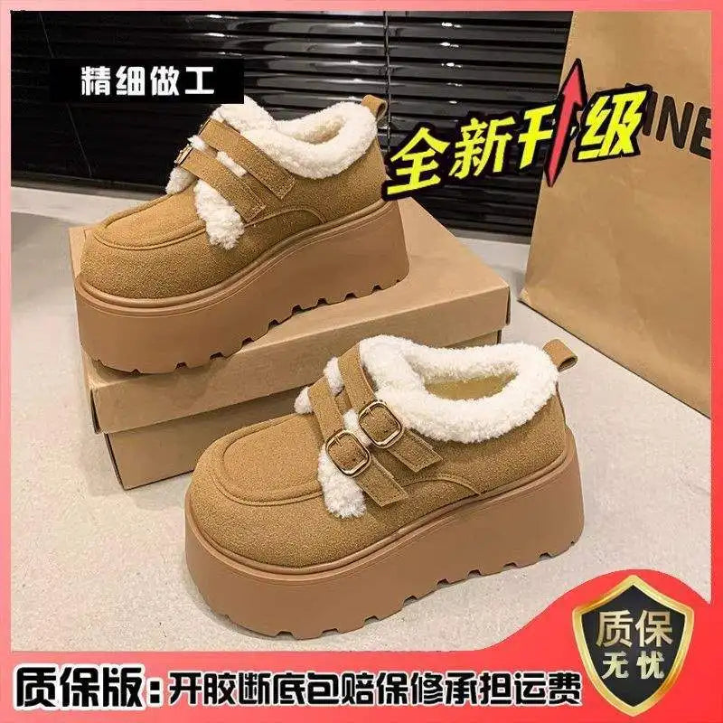 Low Cut Furry Snow Boots Women's Thick Heel Wedge Slippers Korean Style Flat Shoes Cotton Lined Winter Fashion Boots sneakers_platform