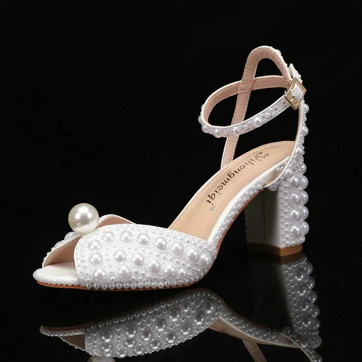 2025 New High Heels Thick Heel Shallow Mouth Women's Pearl Sandals Wedding Shoes Bridesmaid Shoes heels_bridal