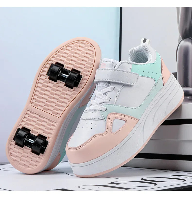 New Four Wheels Women & Girls PU Leather Children Roller Shoes Fashion Boys Sneakers Breathable Kids Skates Size 30-40 kids_shoes