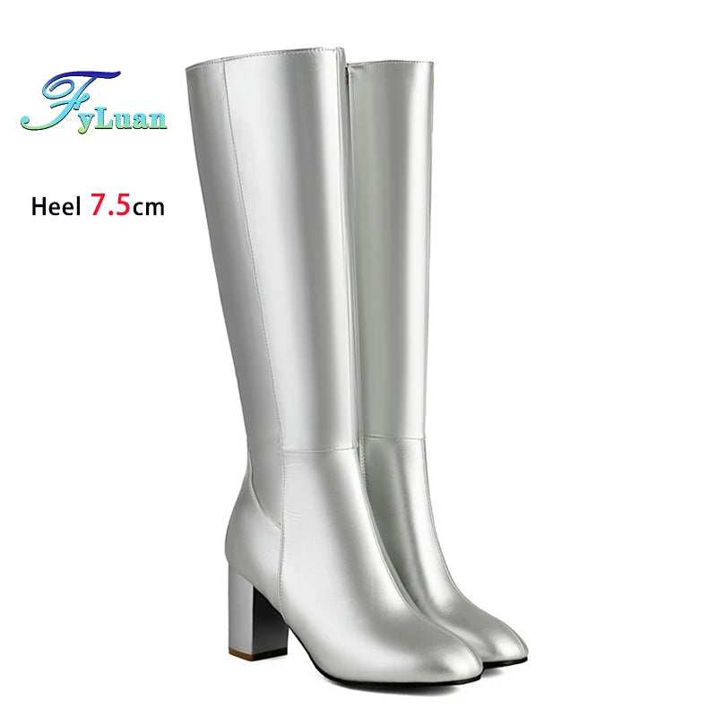 Plus Size 48 Square Toe Knee High Boots Women Side Zipper Winter Warm Long Shoes Comfort Thick Heel 7.5CM Black Leather boots_highheel