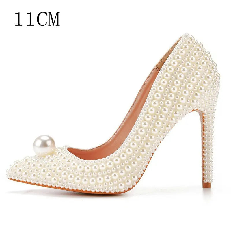 11cm Pearl Wedding Shoes Thin Heel Pointed Single Shoe Large Size Women's Shoes Bride Shoes Dinner Women's Pumps heels_bridal