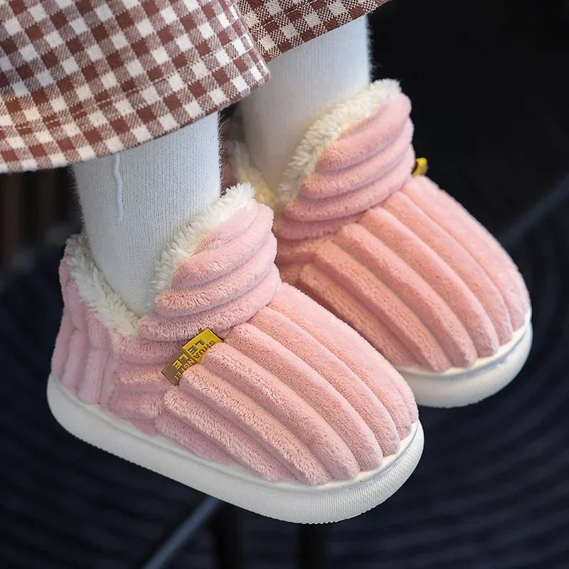 New Winter Concise Stripe Plush Slippers Children's Non-slip Soft Sole Kids Boys Girls Heel Wrap Warm High Home Cotton Shoes kids_shoes