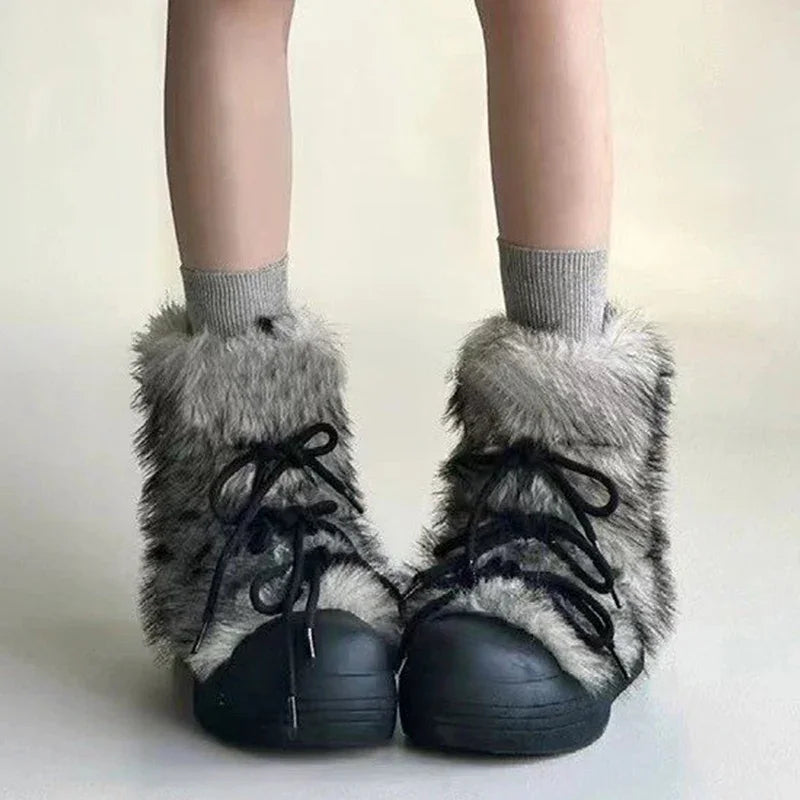 Bow Platform Women Snow Ankle Boots Fur Designer Fashion Short Plush Flats Cotton Shoes 2025 Trend Warm Cozy Winter Botas Mujer boots_platform