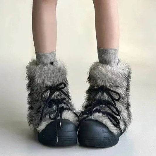 Bow Platform Women Snow Ankle Boots Fur Designer Fashion Short Plush Flats Cotton Shoes 2025 Trend Warm Cozy Winter Botas Mujer boots_platform