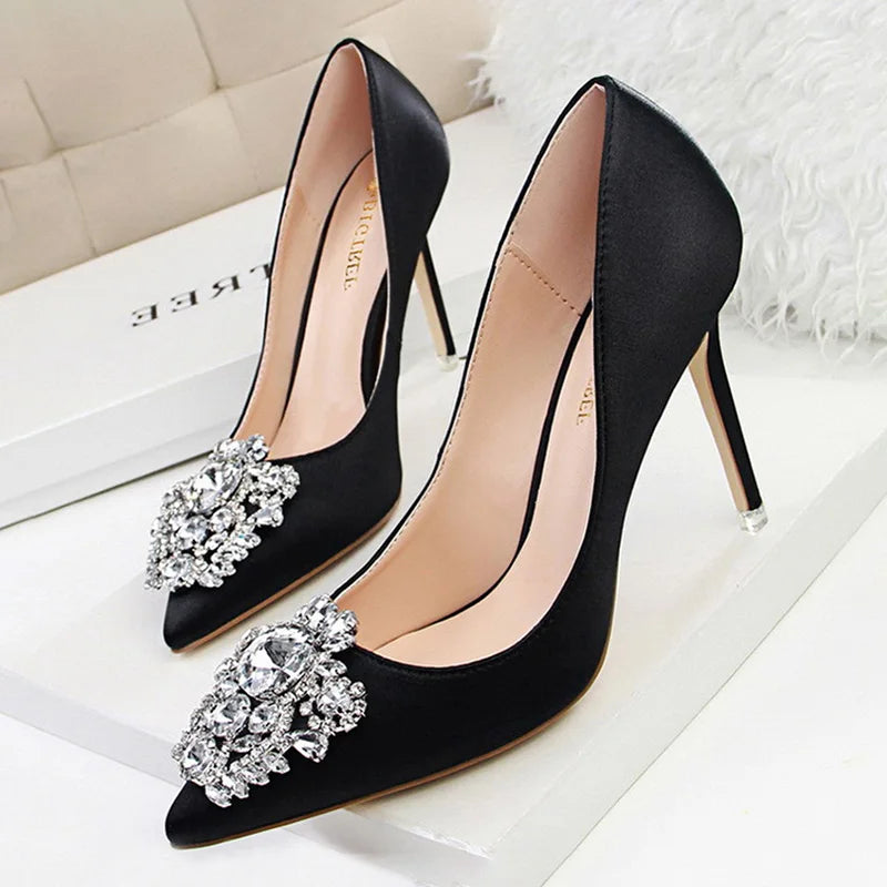 CINESSD Silver Gray Black Women Bridal Wedding Shoes Faux Silk Satin Rhinestone Crystal Shallow Woman Pumps Stiletto High Heel heels_stiletto