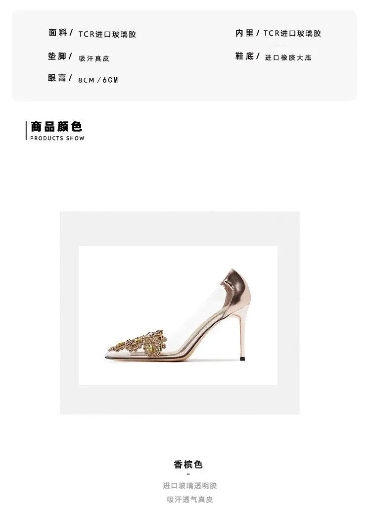 Pointed toe stiletto women's high heels women's shoes fashion women's shoes wedding shoes high heel 8cm transparent bow gemstone heels_stiletto