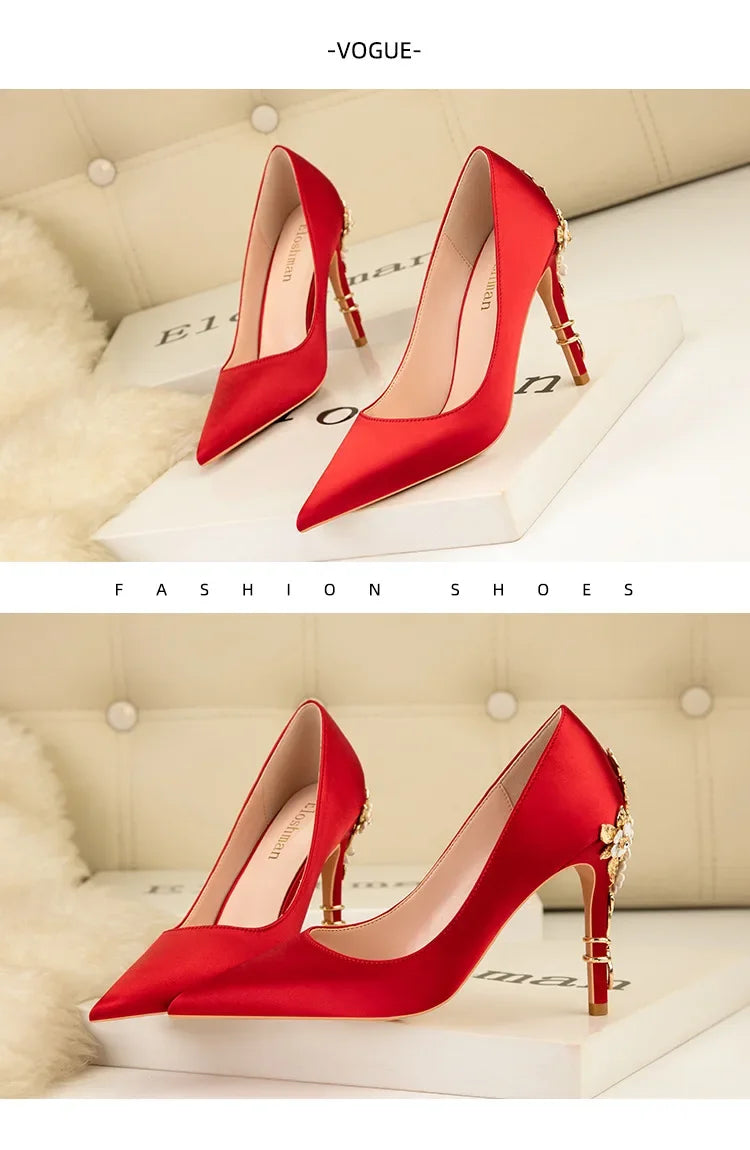 Women's Metal Flowers Stiletto High-heel Shoes Female  Light Luxury Sexy Fashion Wedding Shoes Pointed Toe Satin Single Shoes heels_stiletto