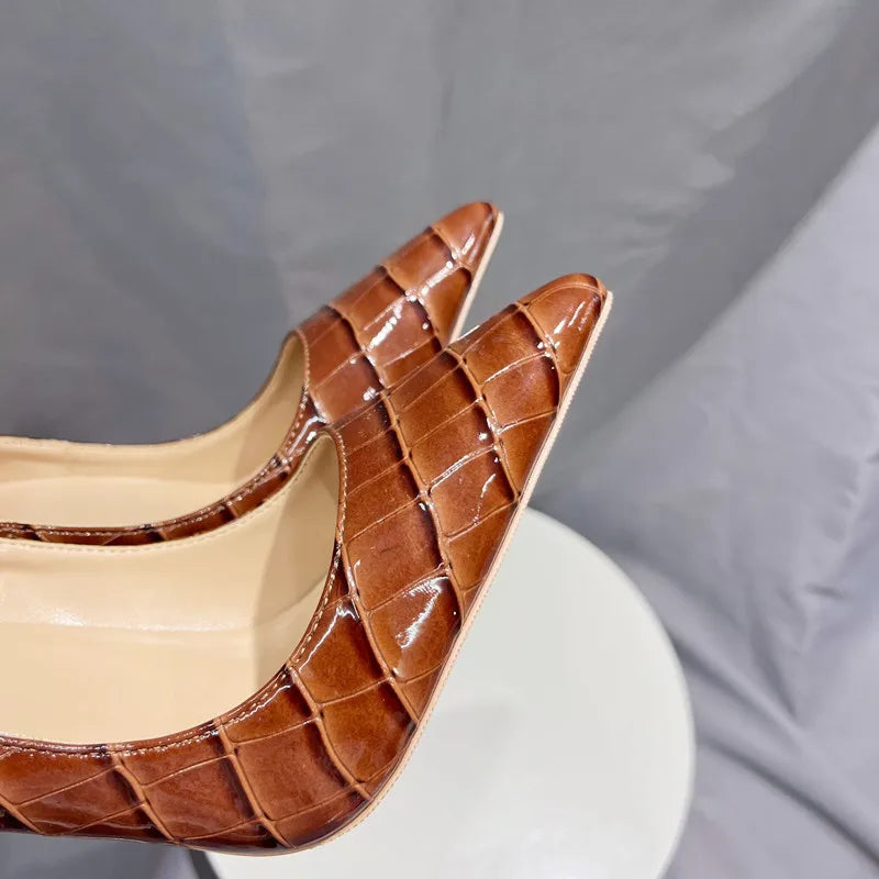 Tikicup Brown Crocodile Effect Women Sexy Pointy Toe High Heel Shoes Plus Size 33-46 Slip On Stiletto Pumps for Evening Dress heels_stiletto