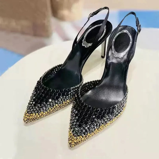 Star style Gradient Rhinestones Pointed toe Stiletto High heels Women Sandals Fashion Spring Summer Slingbacks Party Prom Shoes heels_stiletto