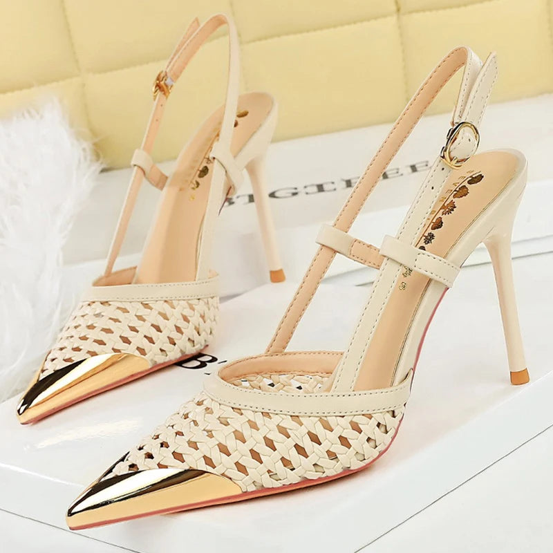Fashion hollow Weaving Women Pumps Metal pointed tip High Heels Stiletto 9.5 cm buckle Summer Women's high-heeled sandals Shoes heels_stiletto